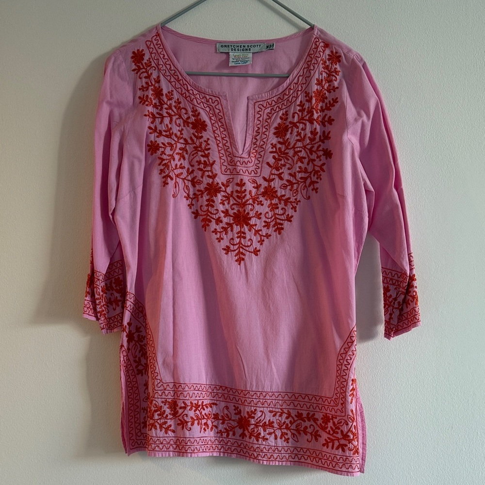 Gretchen Scott Designs Pink with Orange Embroidered Tunic. Size Medium